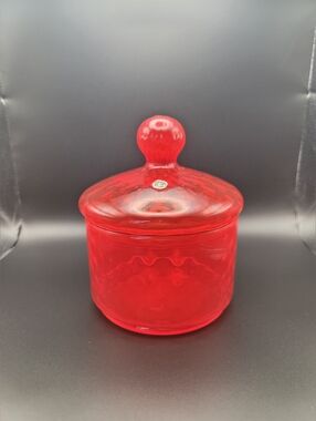 Vintage Empoli Red Orange Optic Lidded Glass Candy Jar